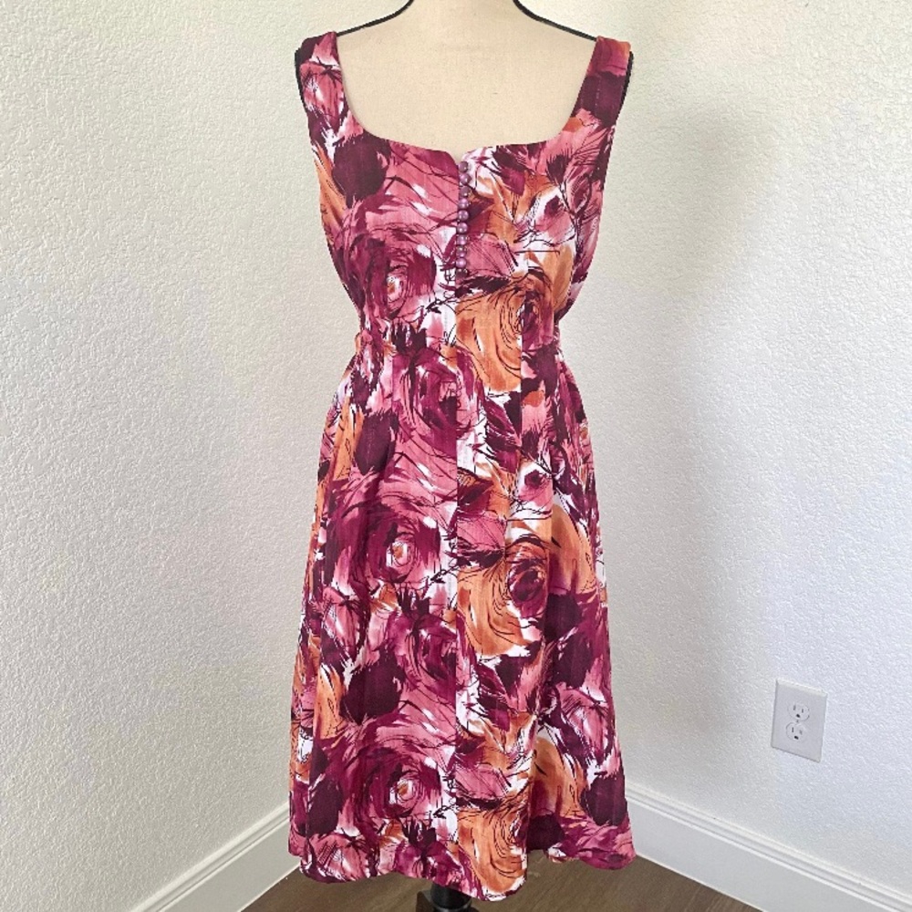 Liz Claiborne Axcess floral Midi lined woven dress, Large pink red orange